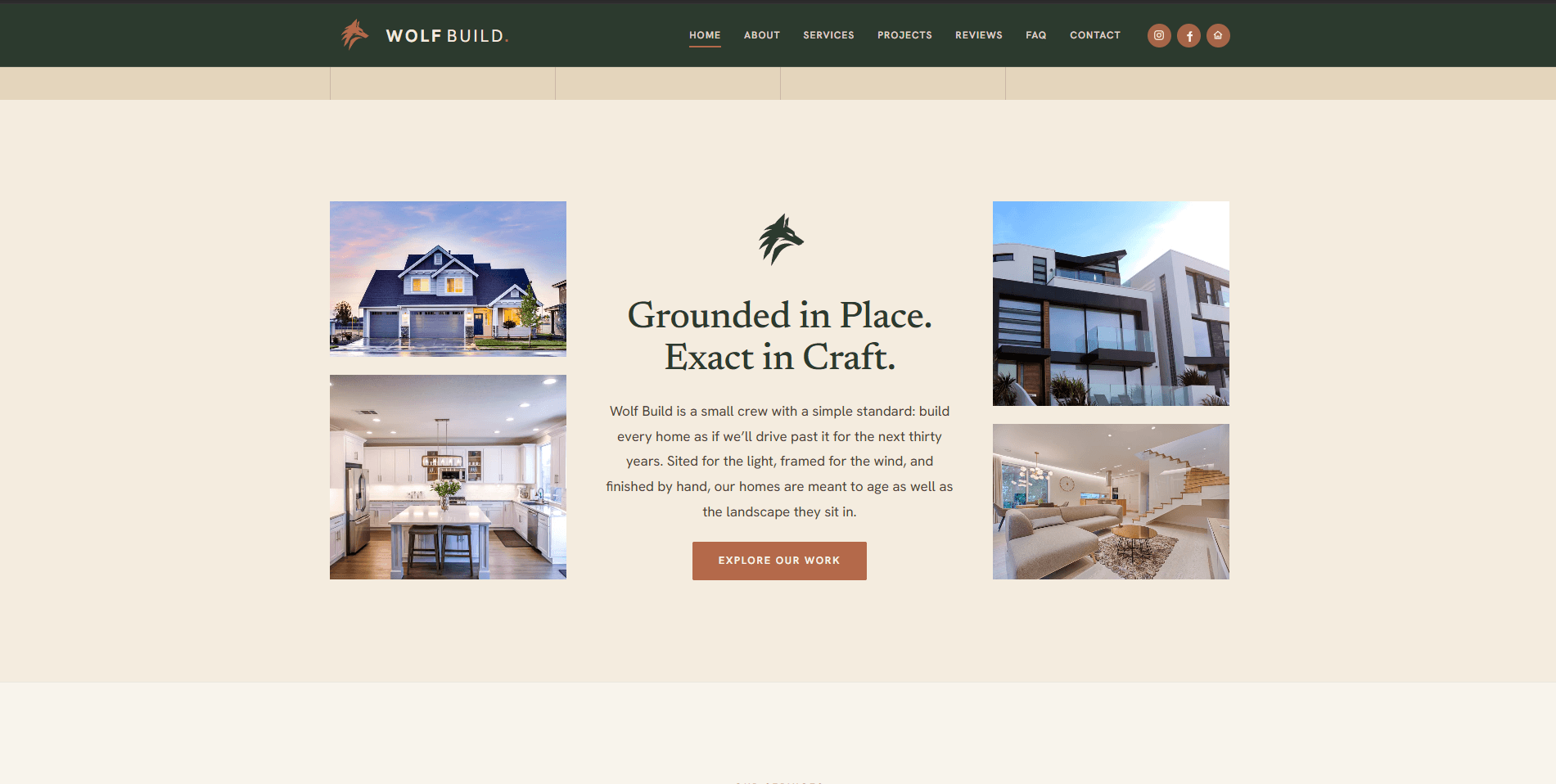 Wolf Build about section with photo collage and brand story