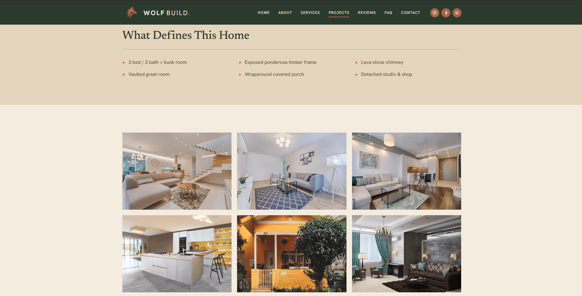 Wolf Build project photo gallery with home feature list