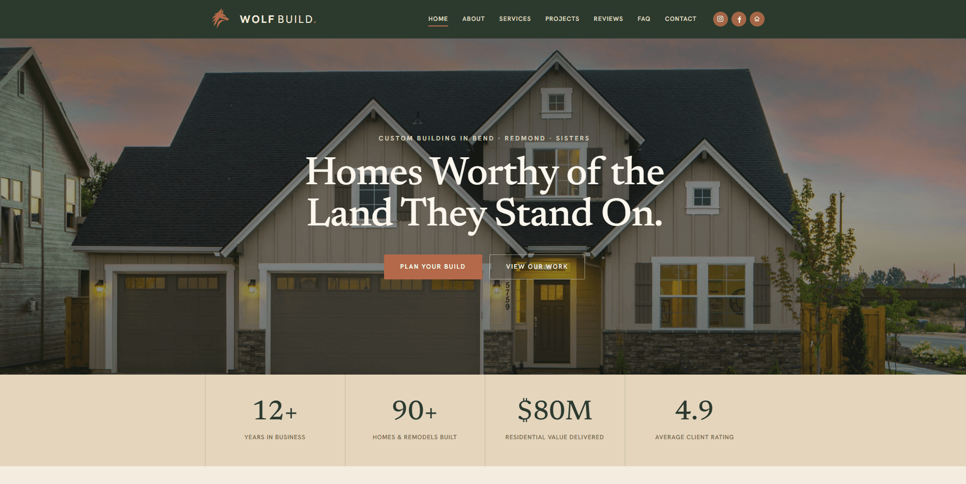 Wolf Build homepage with full-bleed photography, headline, and calls to action