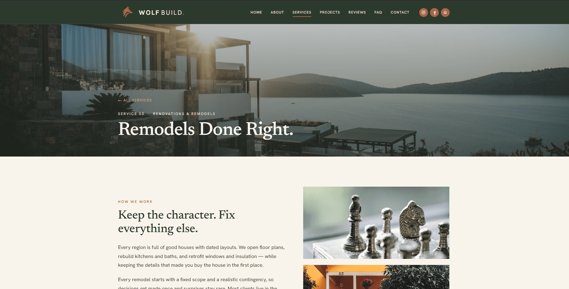 Wolf Build remodels service page with full-width photography