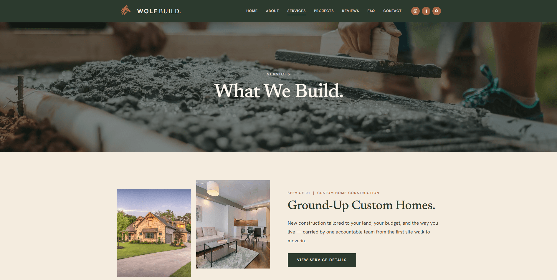 Wolf Build services page with ground-up custom homes service detail