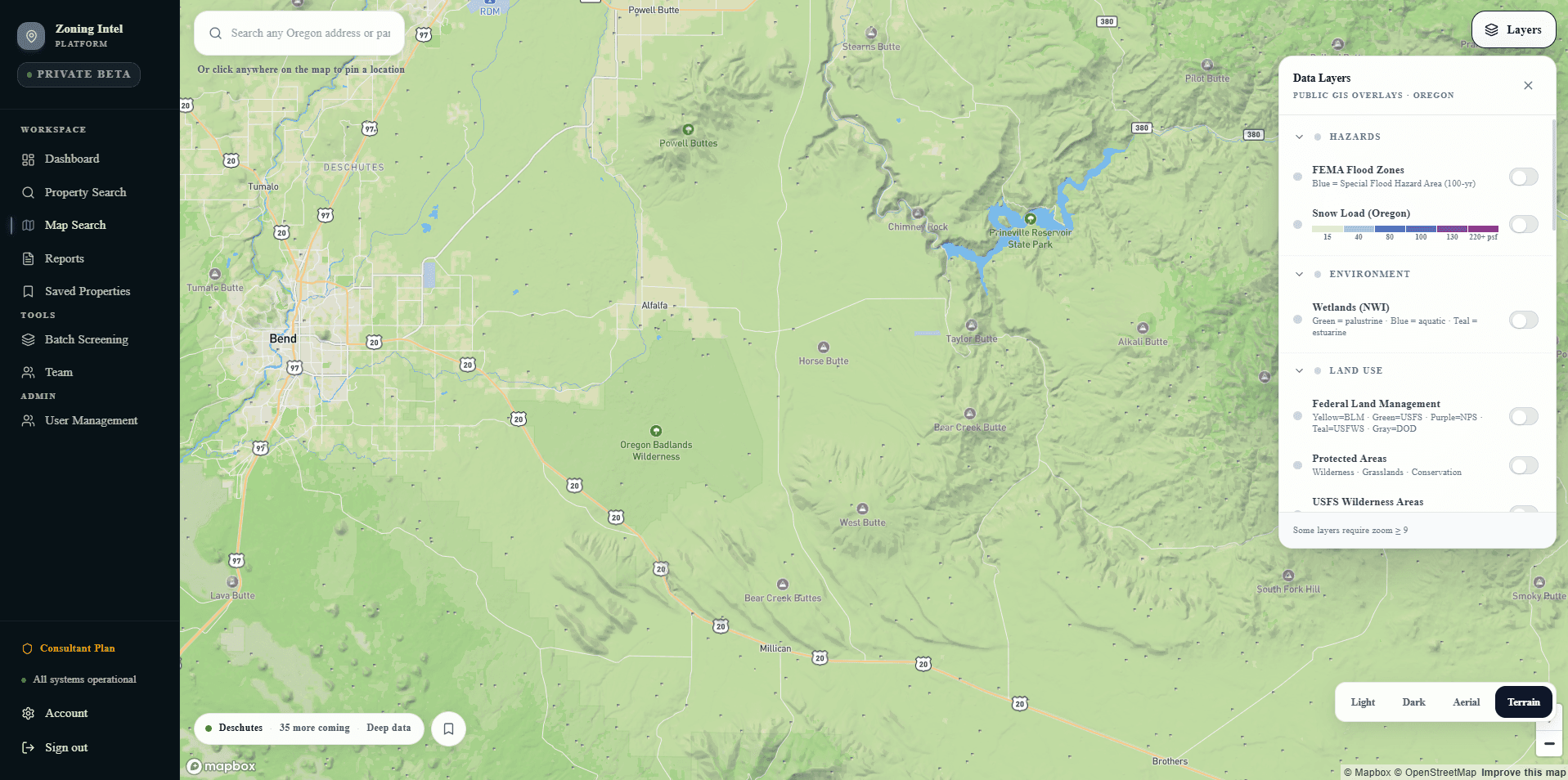 Interactive Oregon map with GIS data layer panel open